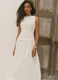 White Cotton Broderie Midi Dress
