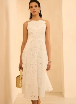 White Cotton Floral Lace Midi Dress