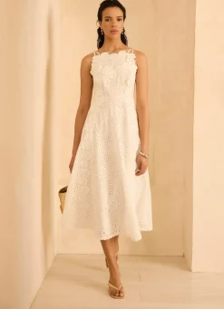 White Cotton Floral Lace Midi Dress