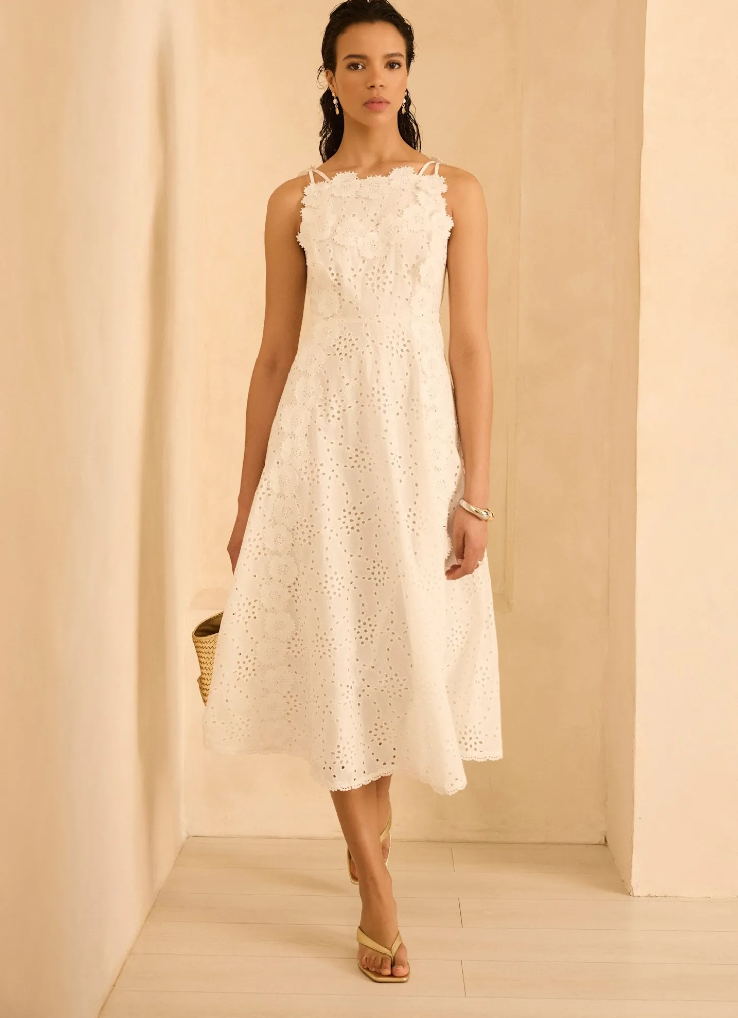 White Cotton Floral Lace Midi Dress