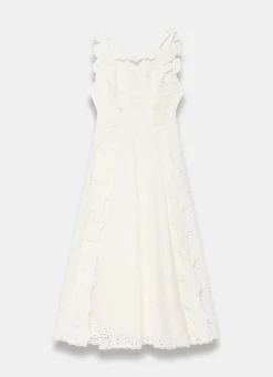 White Cotton Floral Lace Midi Dress
