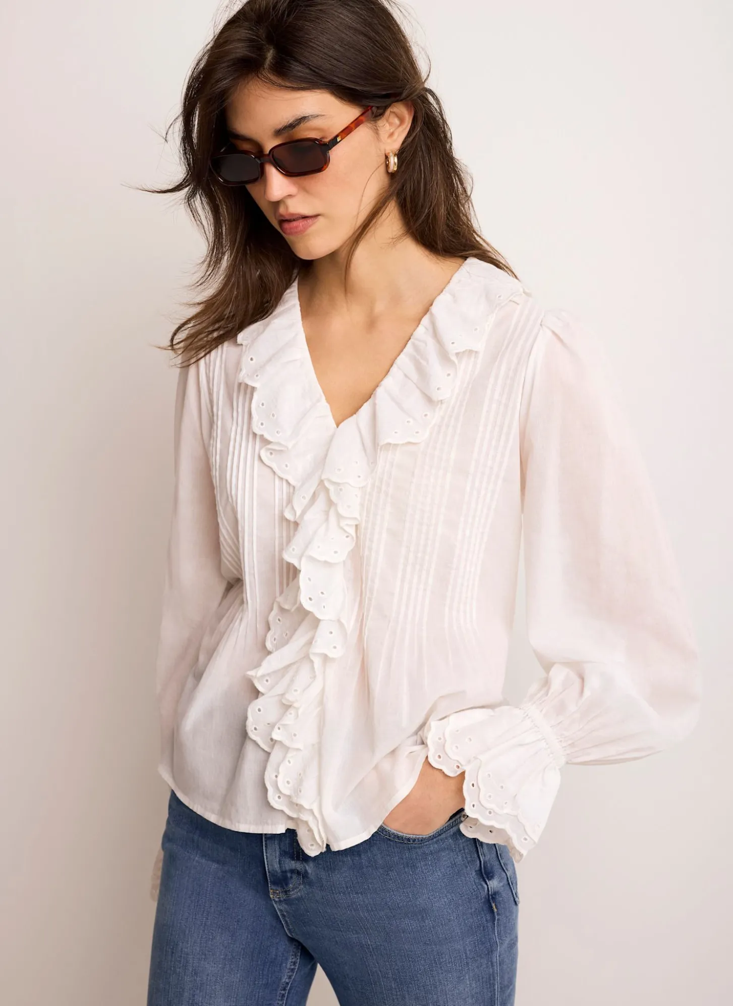 White Cotton Ruffle Trim Blouse