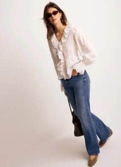 White Cotton Ruffle Trim Blouse