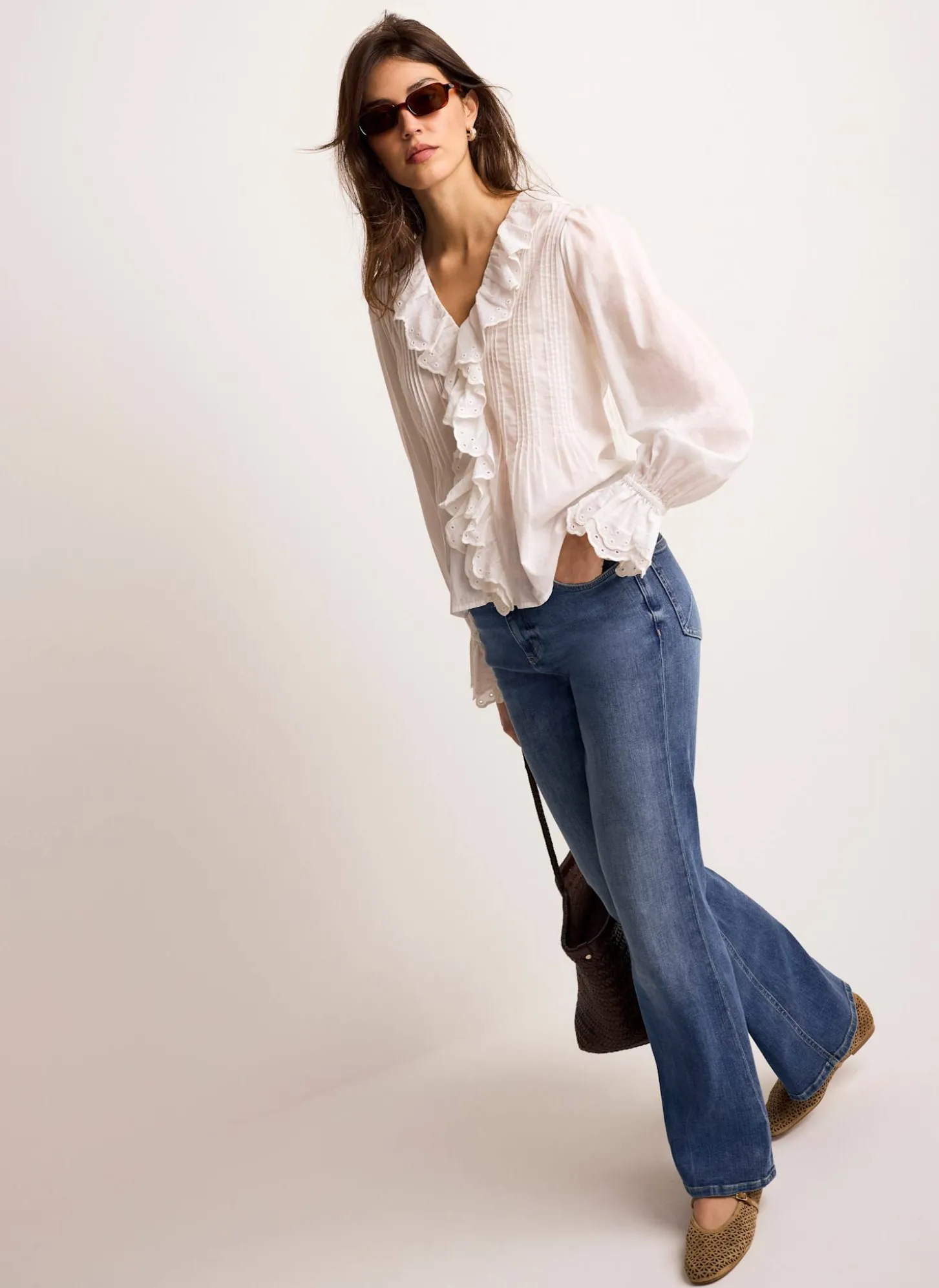 White Cotton Ruffle Trim Blouse
