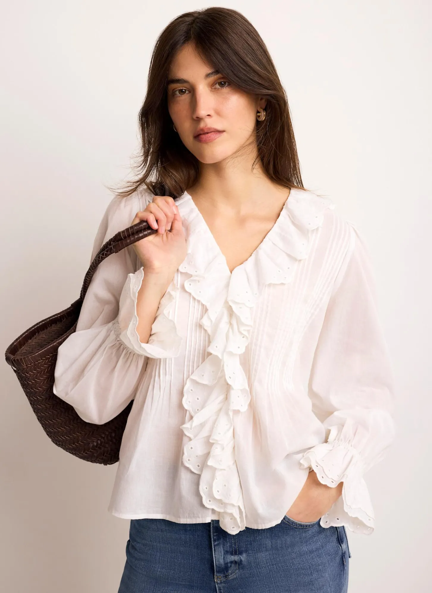 White Cotton Ruffle Trim Blouse