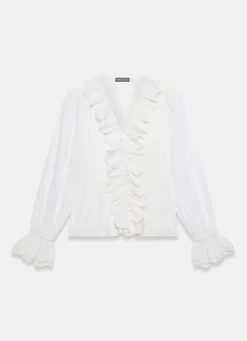 White Cotton Ruffle Trim Blouse