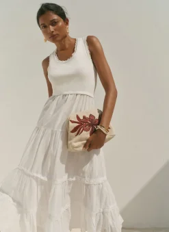 White Crochet Trim Tiered Midi Dress