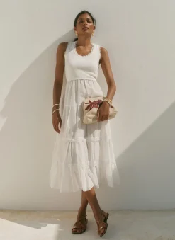 White Crochet Trim Tiered Midi Dress