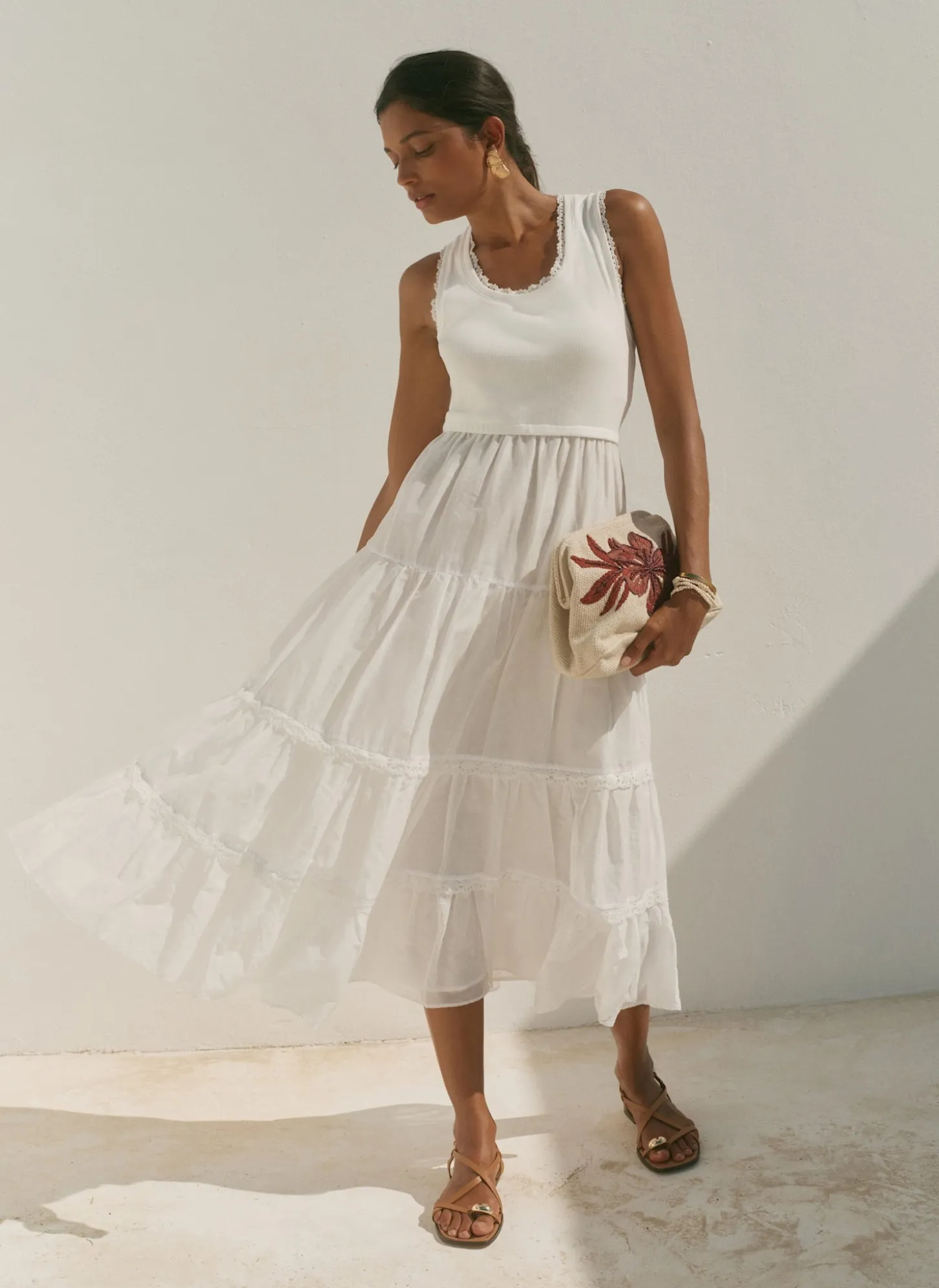 White Crochet Trim Tiered Midi Dress