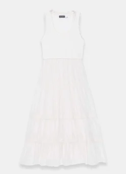 White Crochet Trim Tiered Midi Dress