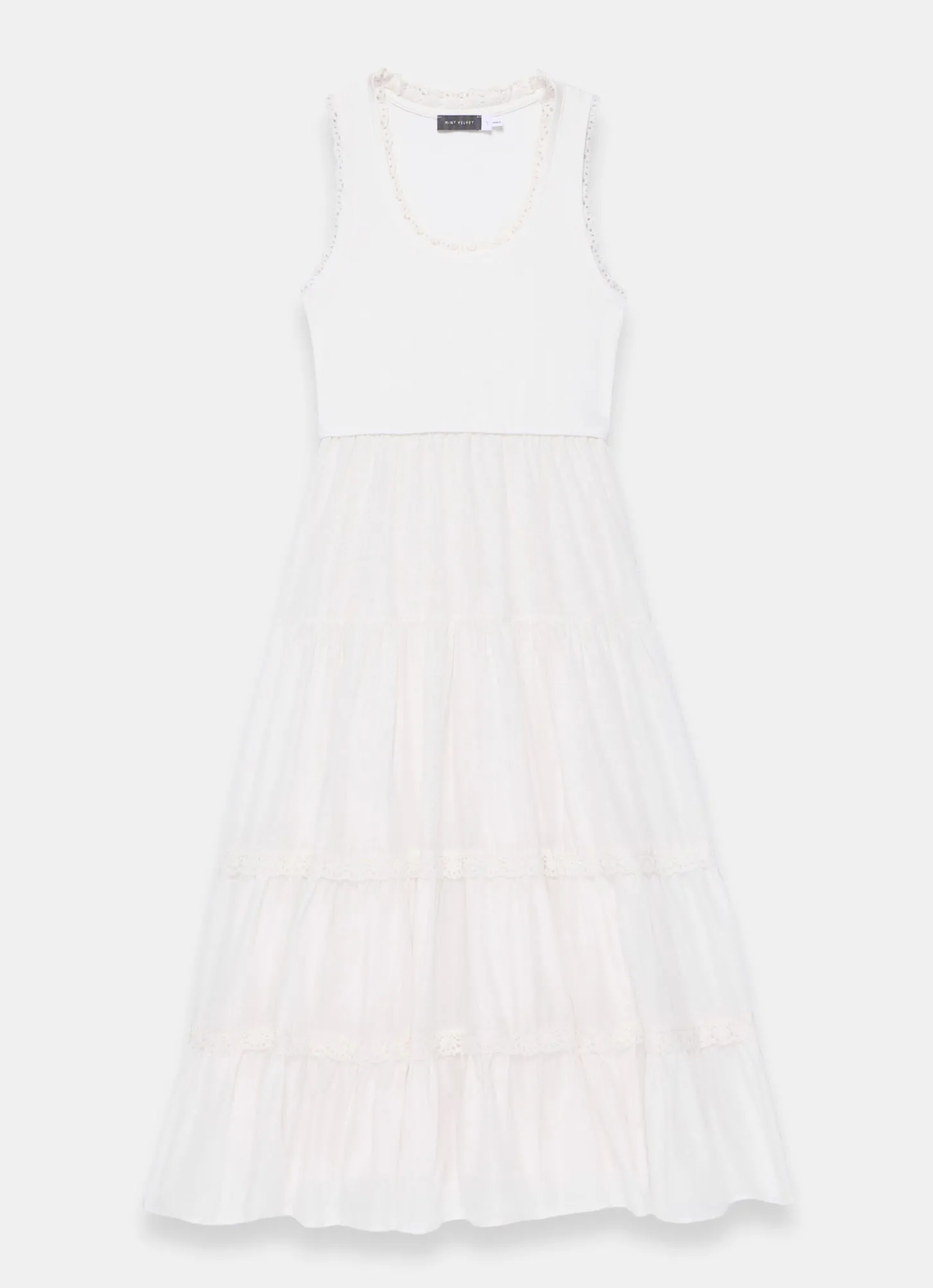 White Crochet Trim Tiered Midi Dress
