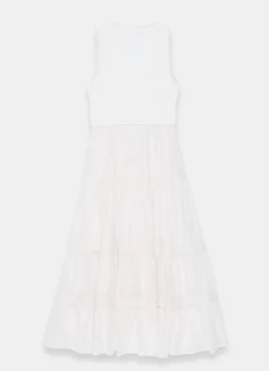 White Crochet Trim Tiered Midi Dress