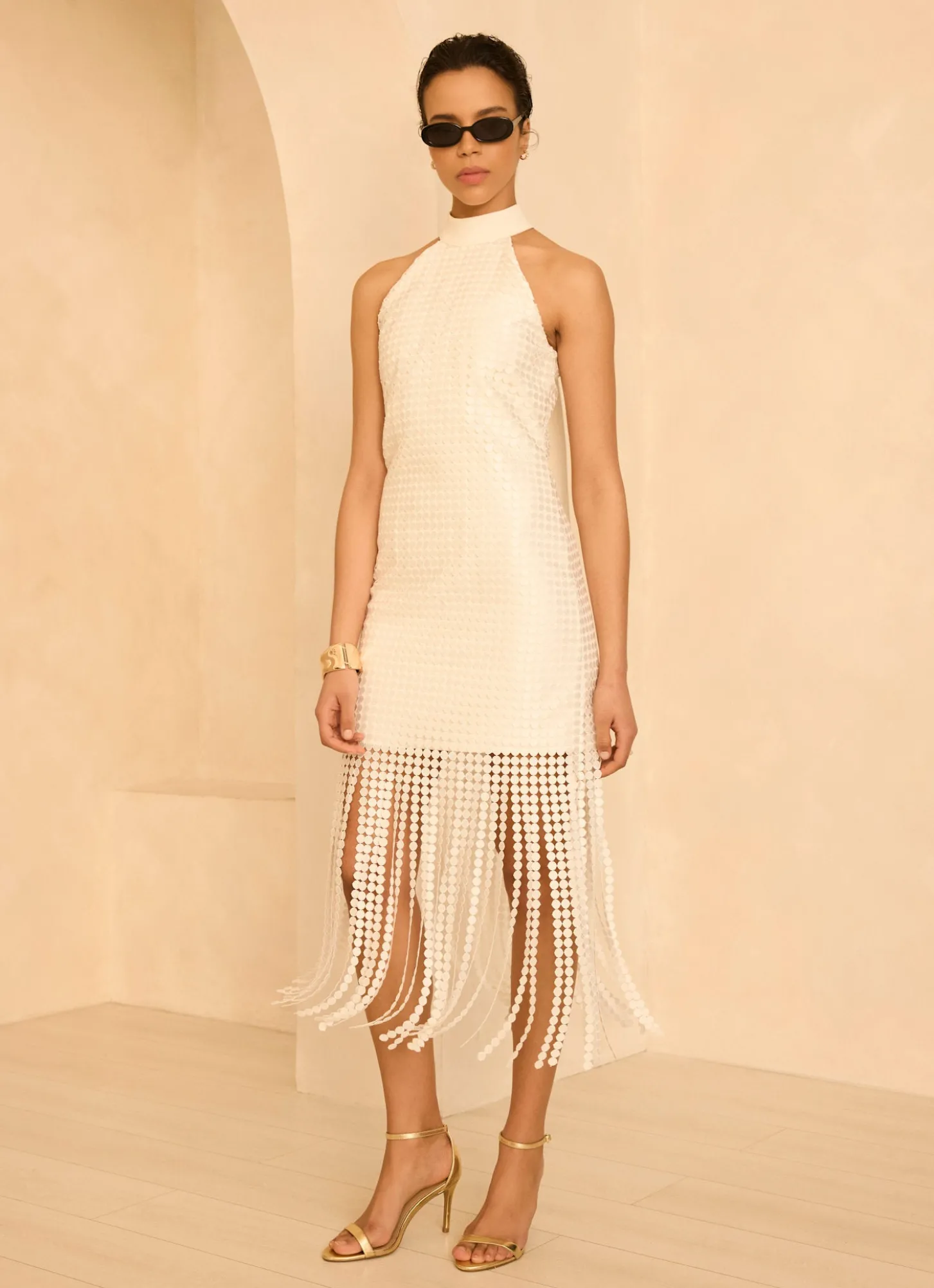 White Disc Detail Fringed Midi Dress