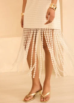 White Disc Detail Fringed Midi Skirt