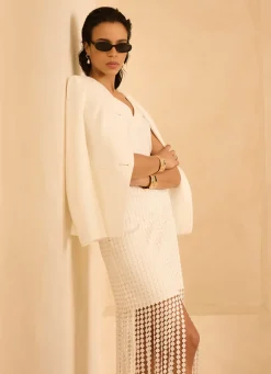 White Disc Detail Fringed Midi Skirt