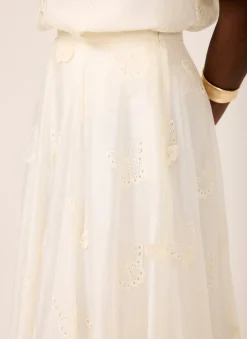 White Embroidered Butterfly Detail Midi Skirt