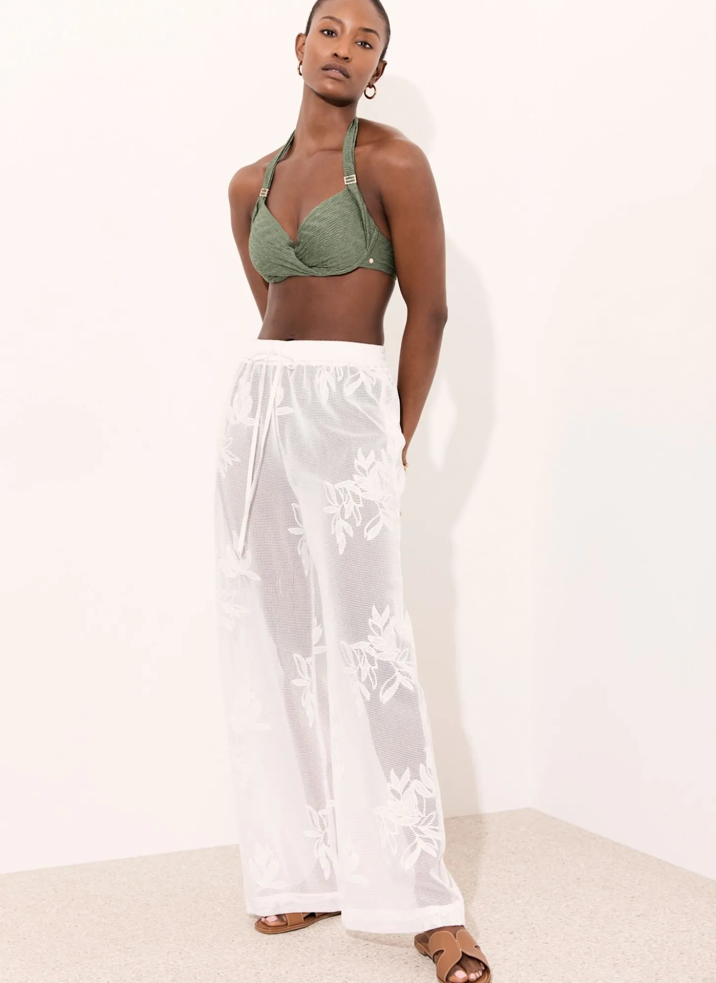 White Floral Detail Mesh Trousers