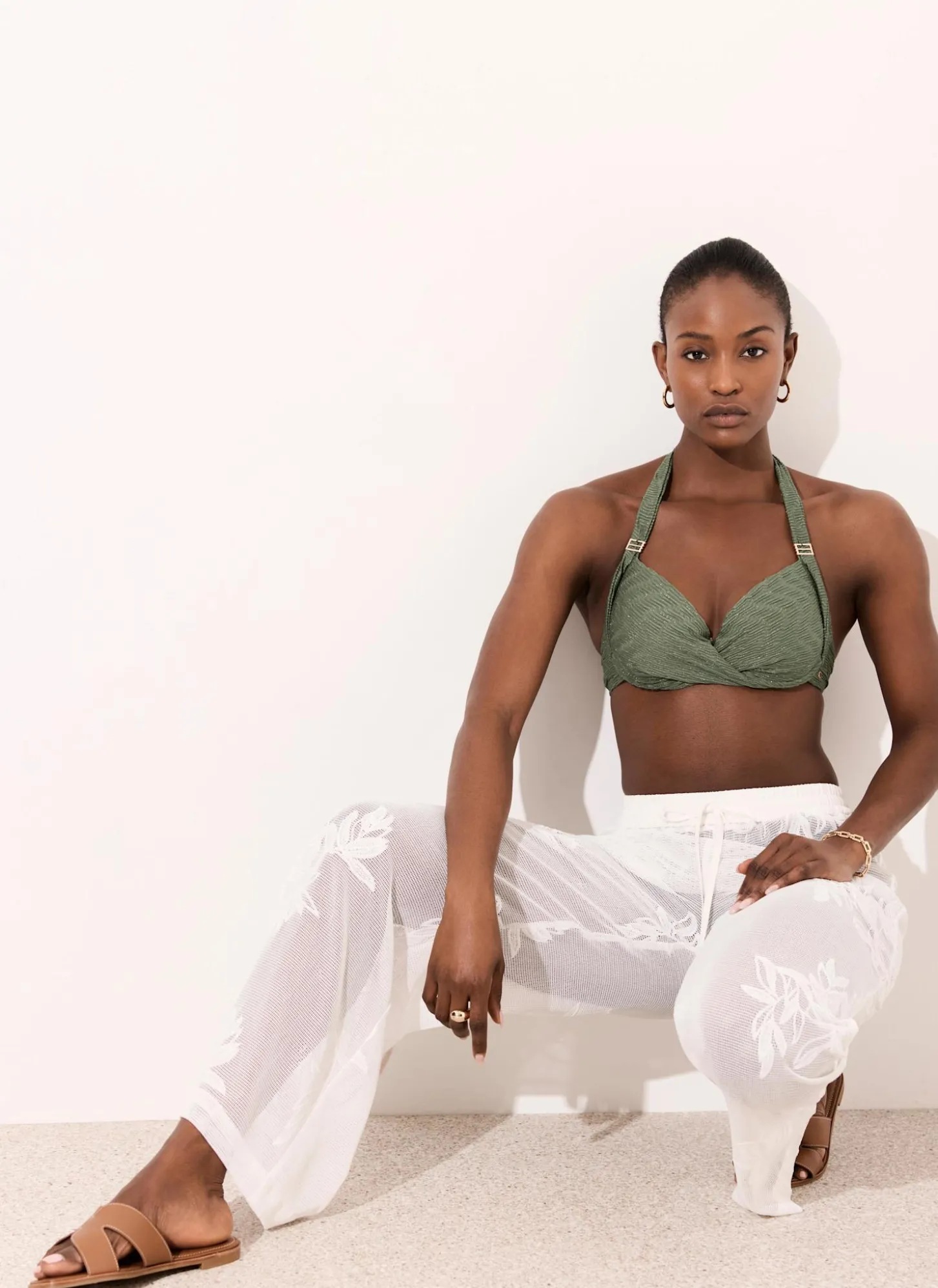 White Floral Detail Mesh Trousers