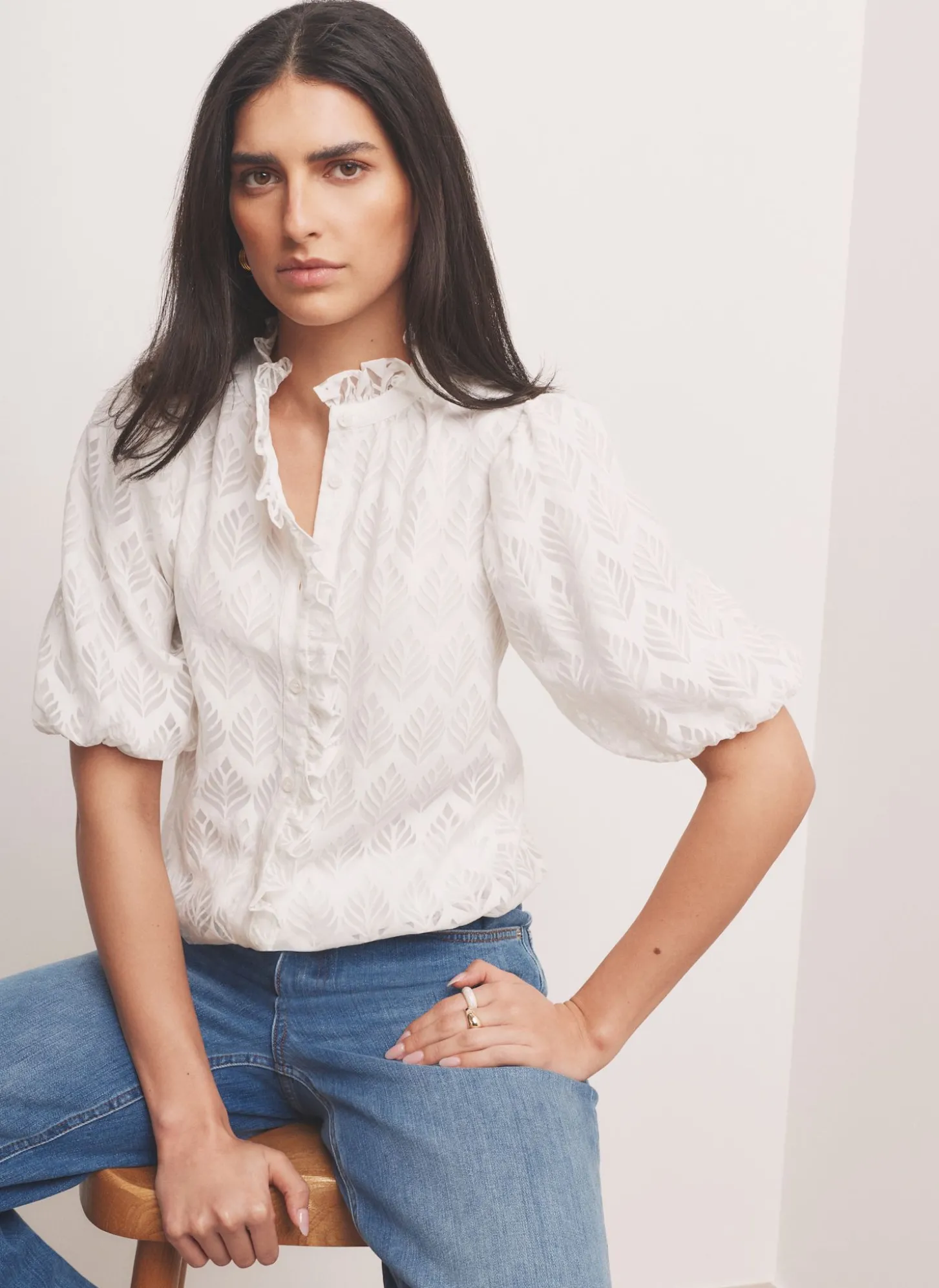 White Jacquard Ruffle Blouse