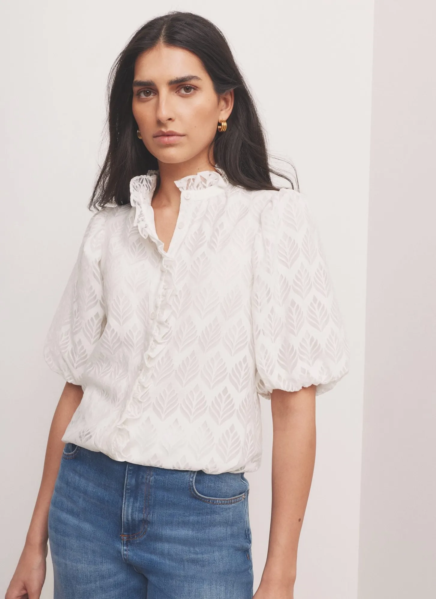 White Jacquard Ruffle Blouse