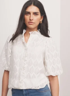 White Jacquard Ruffle Blouse