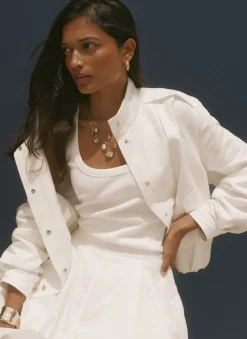 White Linen Blend Bomber Jacket