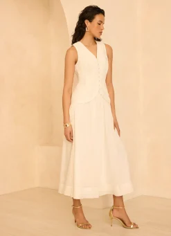 White Linen Blend Waistcoat Maxi Dress