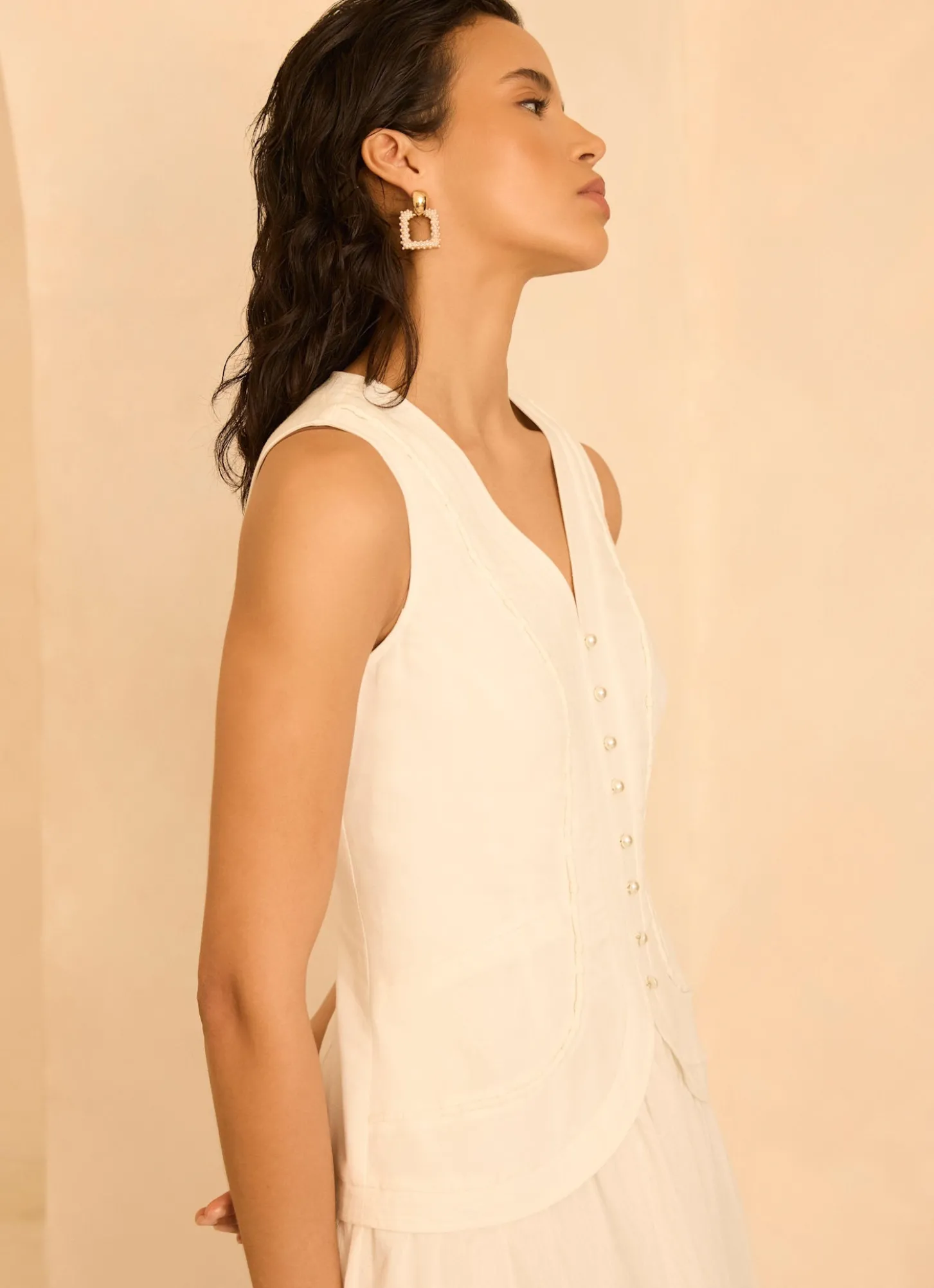 White Linen Blend Waistcoat Maxi Dress