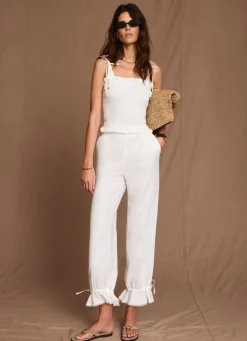 White Linen Ruffle Hem Cropped Trousers