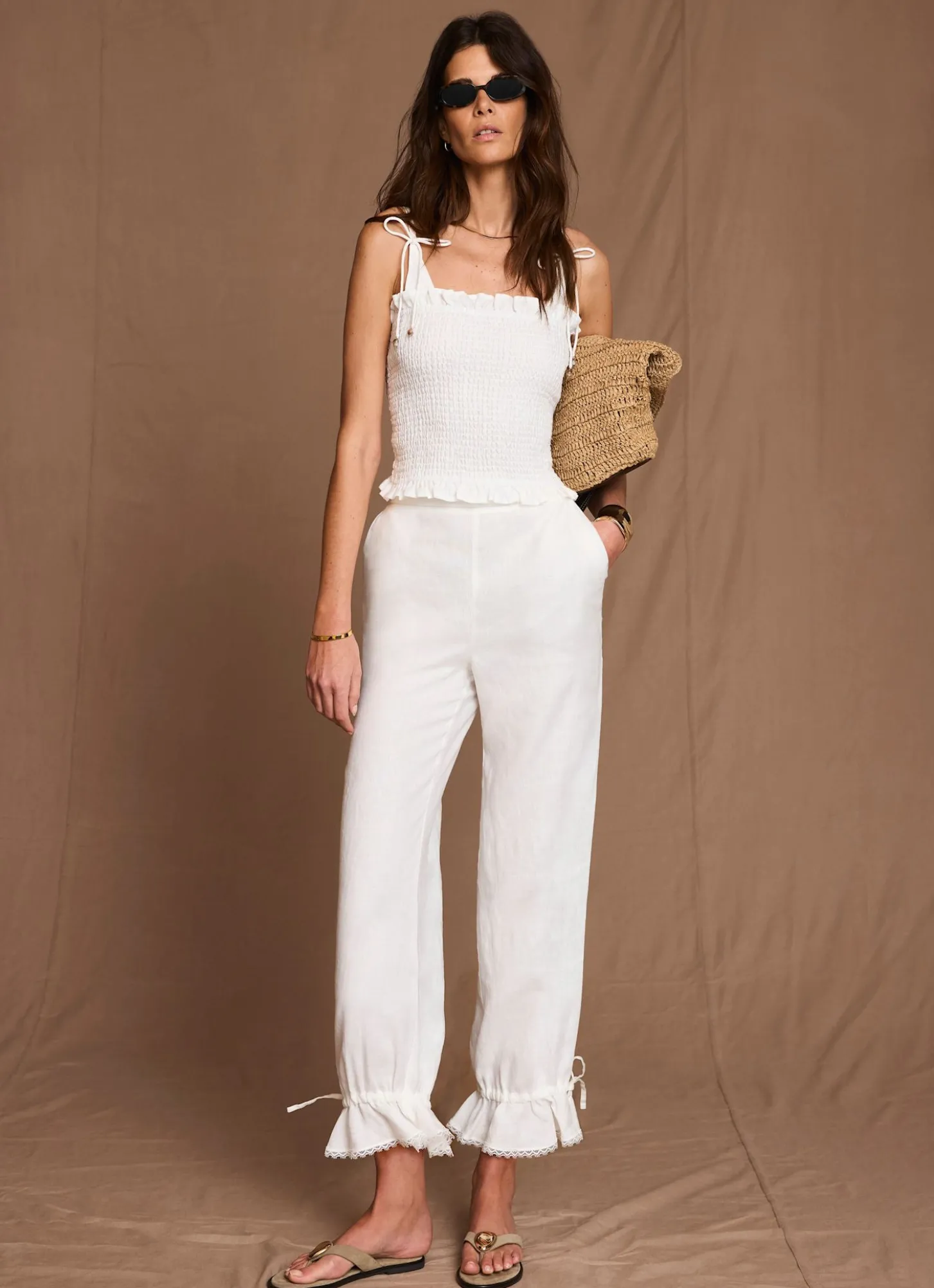 White Linen Ruffle Hem Cropped Trousers