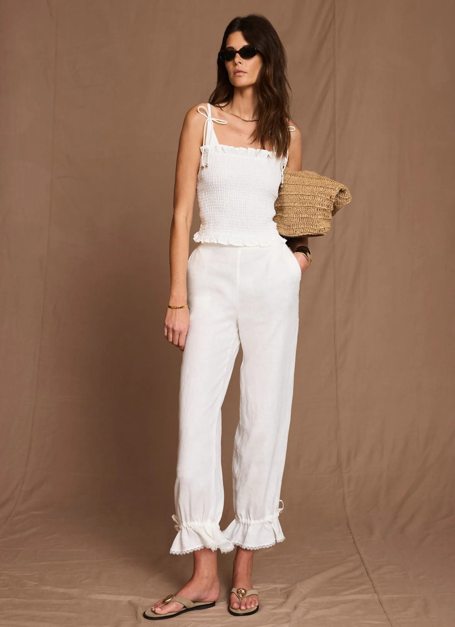 White Linen Ruffle Hem Cropped Trousers