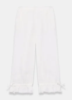 White Linen Ruffle Hem Cropped Trousers