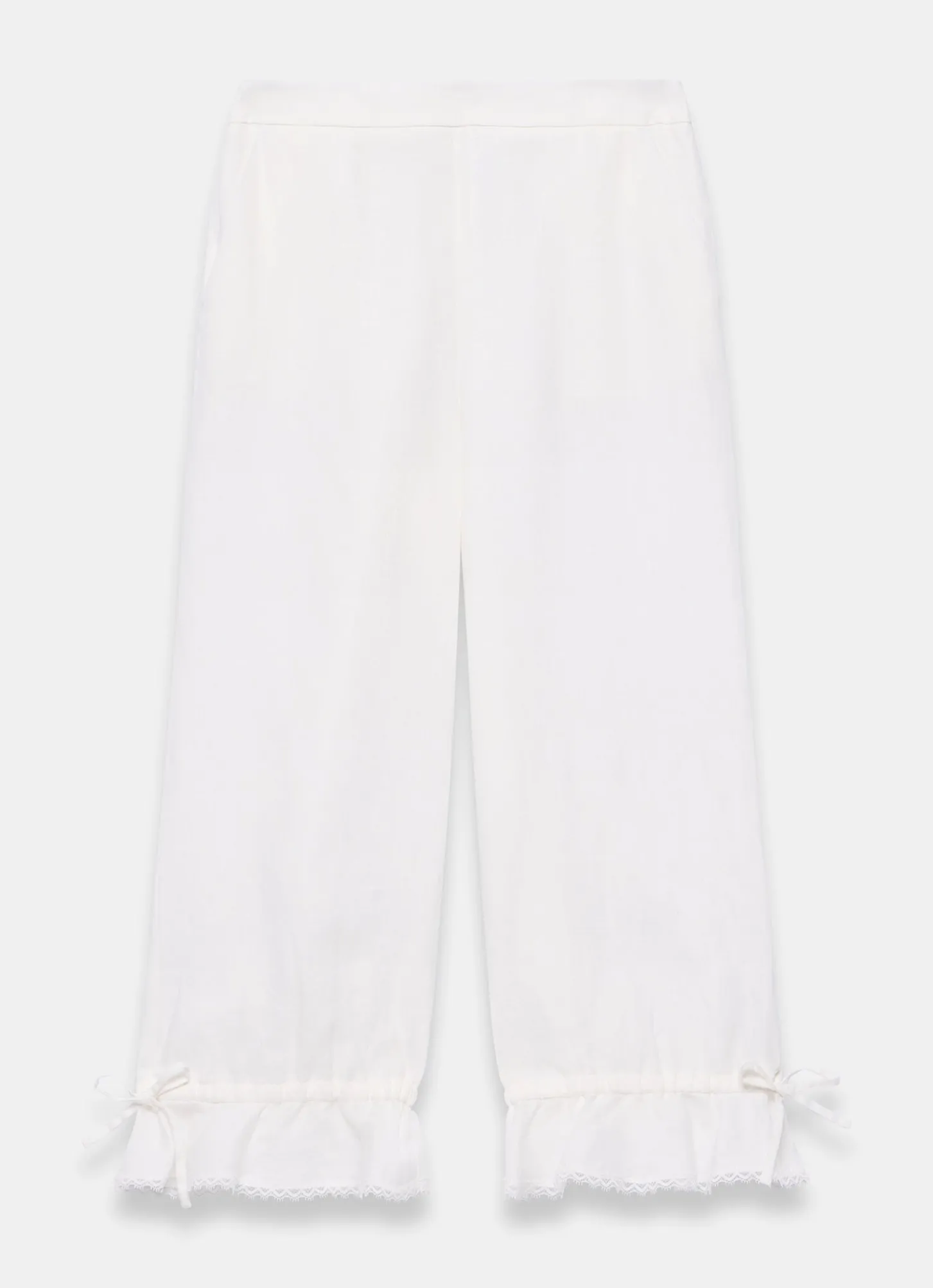 White Linen Ruffle Hem Cropped Trousers