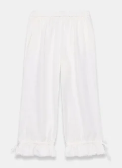 White Linen Ruffle Hem Cropped Trousers