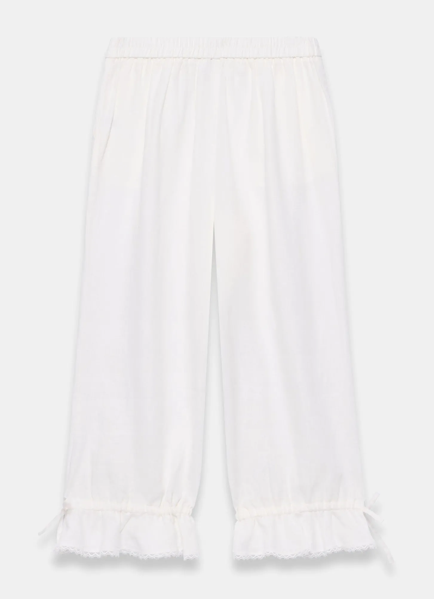 White Linen Ruffle Hem Cropped Trousers