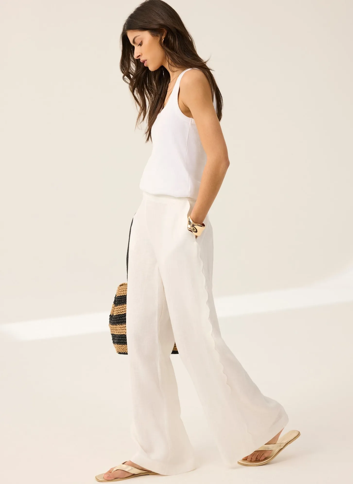 White Linen Scallop Trim Trousers