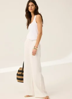 White Linen Scallop Trim Trousers