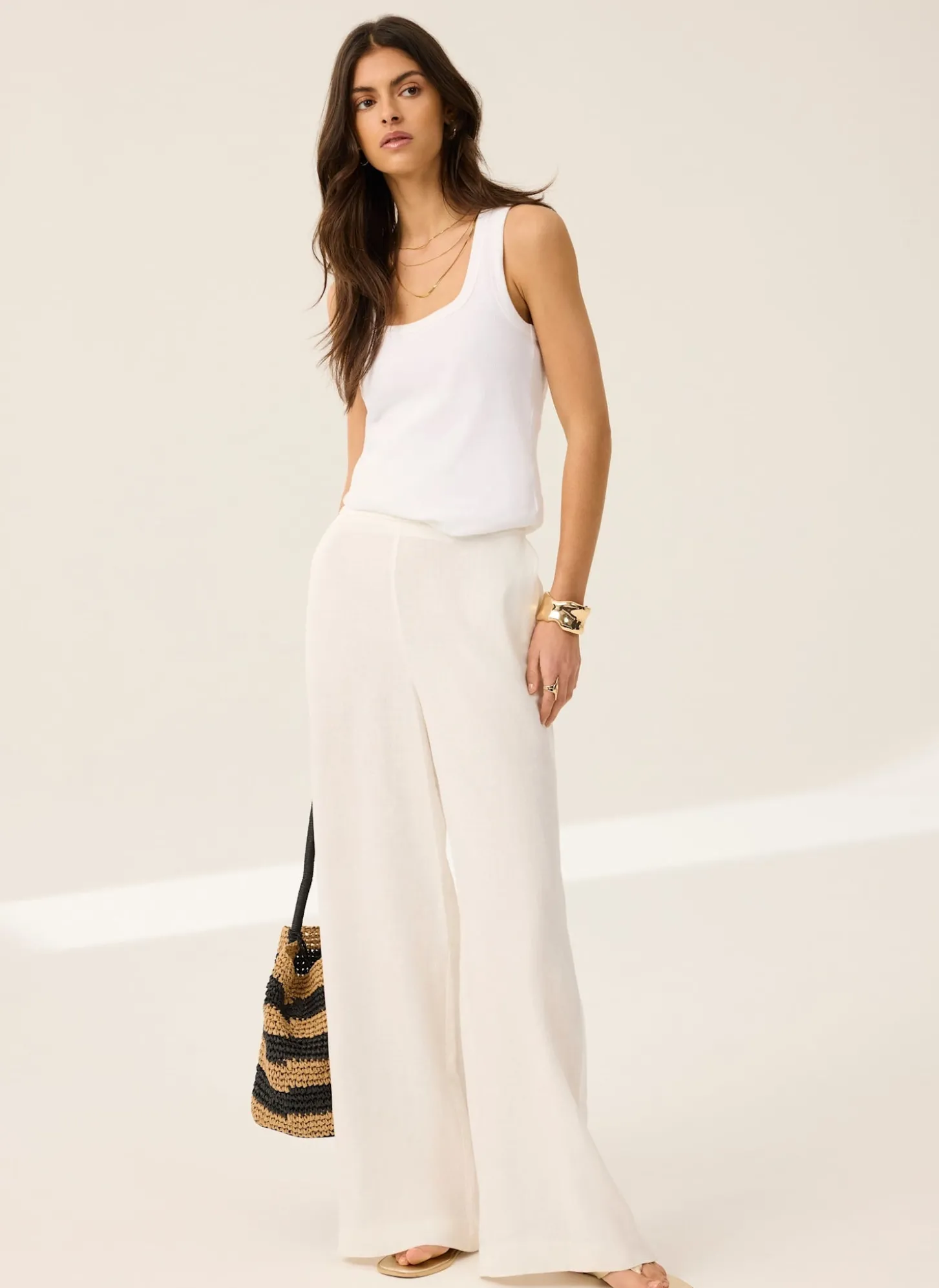White Linen Scallop Trim Trousers
