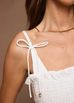 White Linen Shirred Top