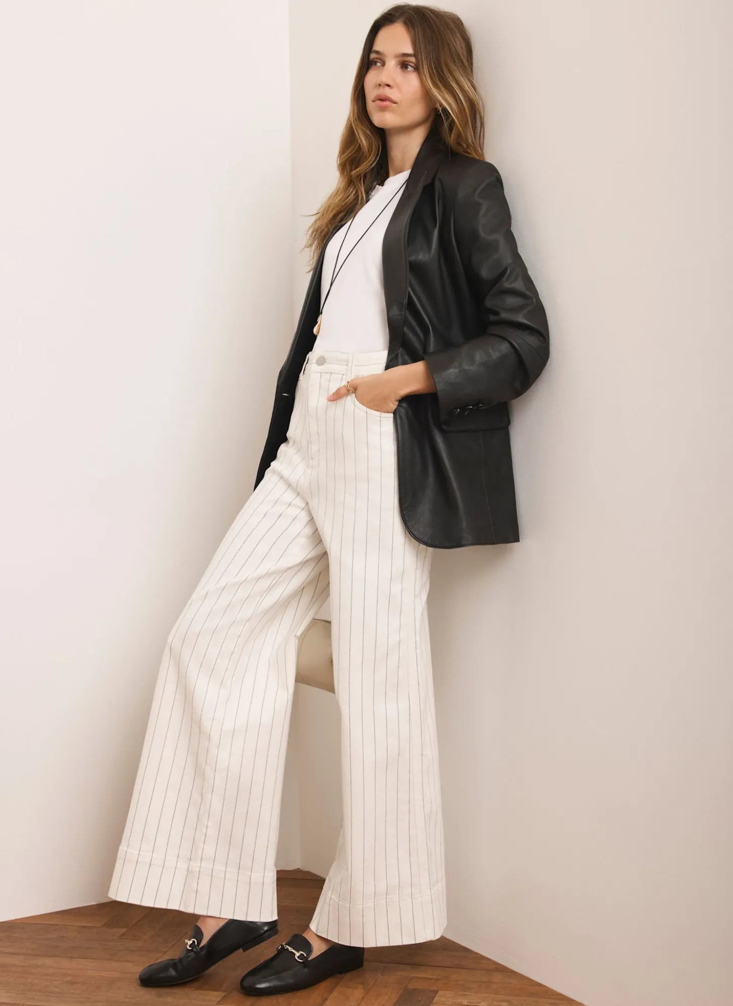 White Pinstripe Wide Jeans