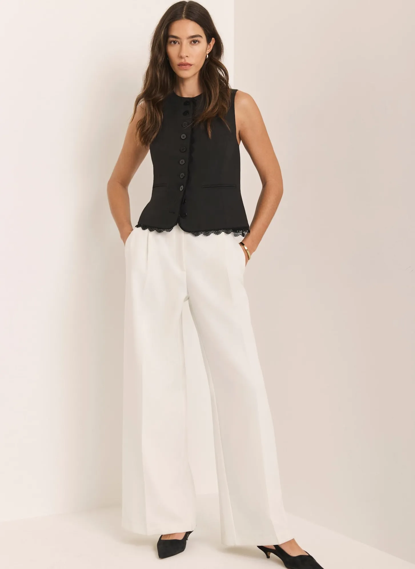 White Pleated Wide Leg Trousers