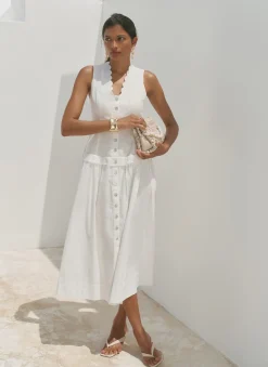 White Ramie Drop Waist Midi Dress
