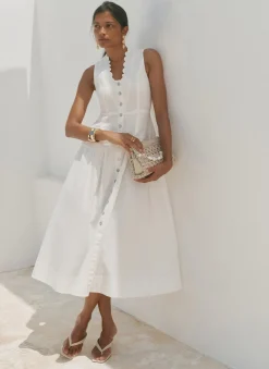 White Ramie Drop Waist Midi Dress