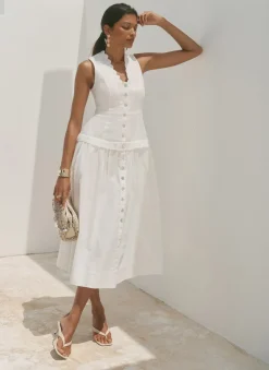 White Ramie Drop Waist Midi Dress