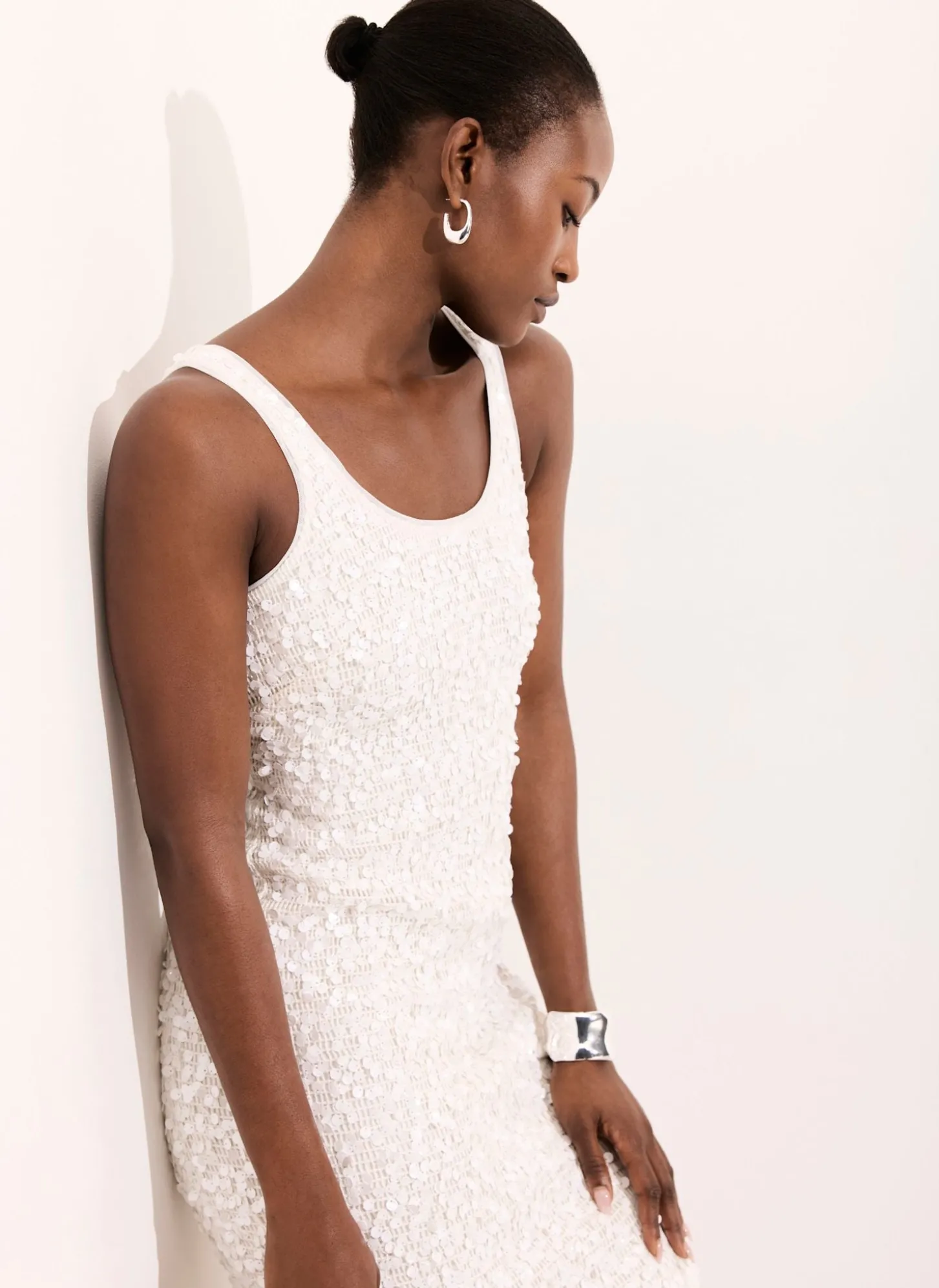 White Sequin Mesh Midi Dress