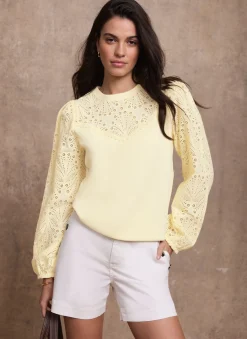Yellow Cotton Blend Broderie Sweatshirt