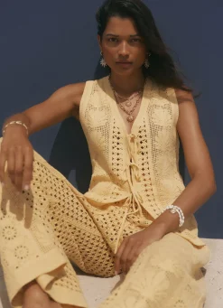 Yellow Crochet Shell Tie Front Top