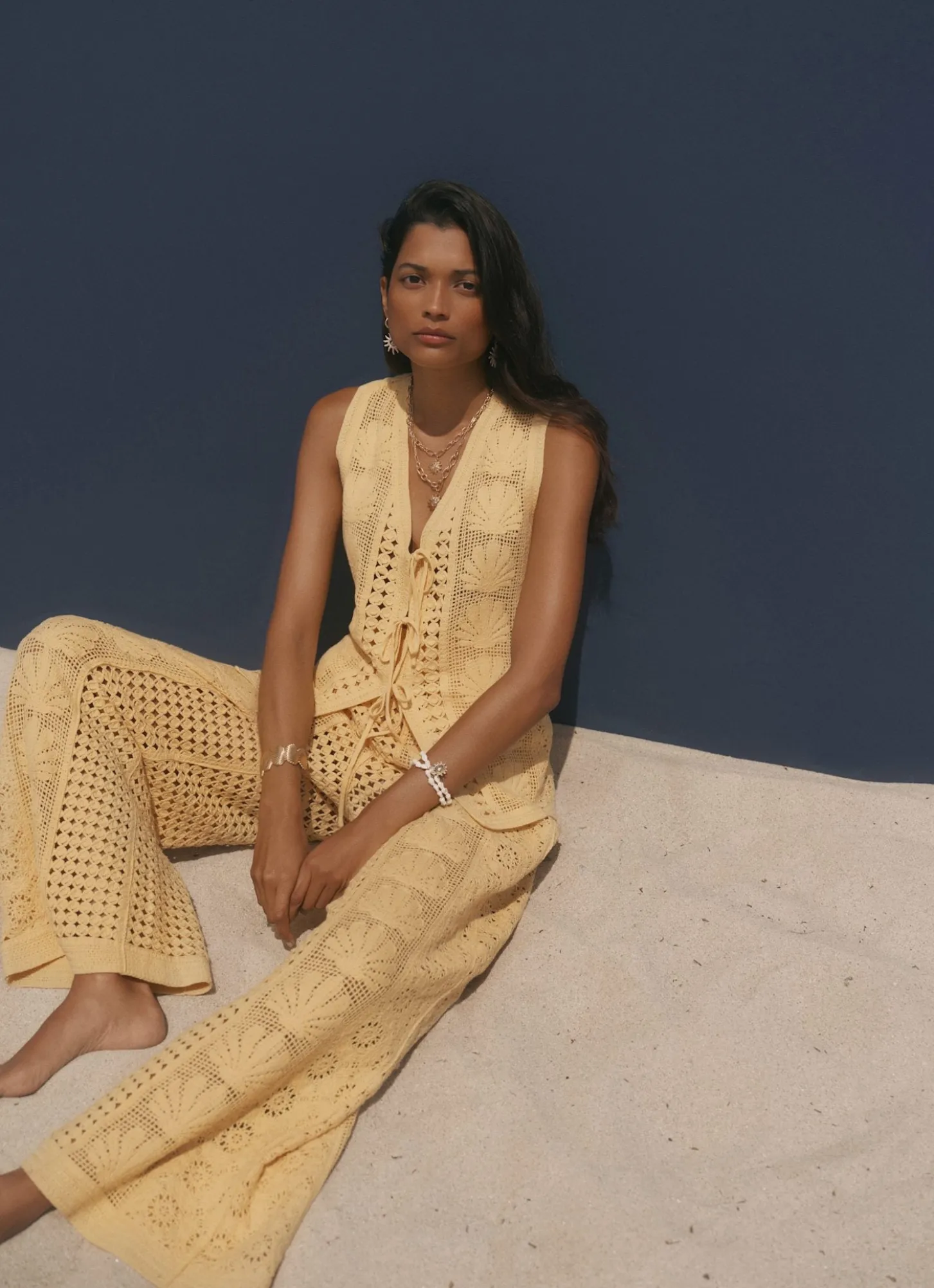 Yellow Crochet Shell Tie Front Top