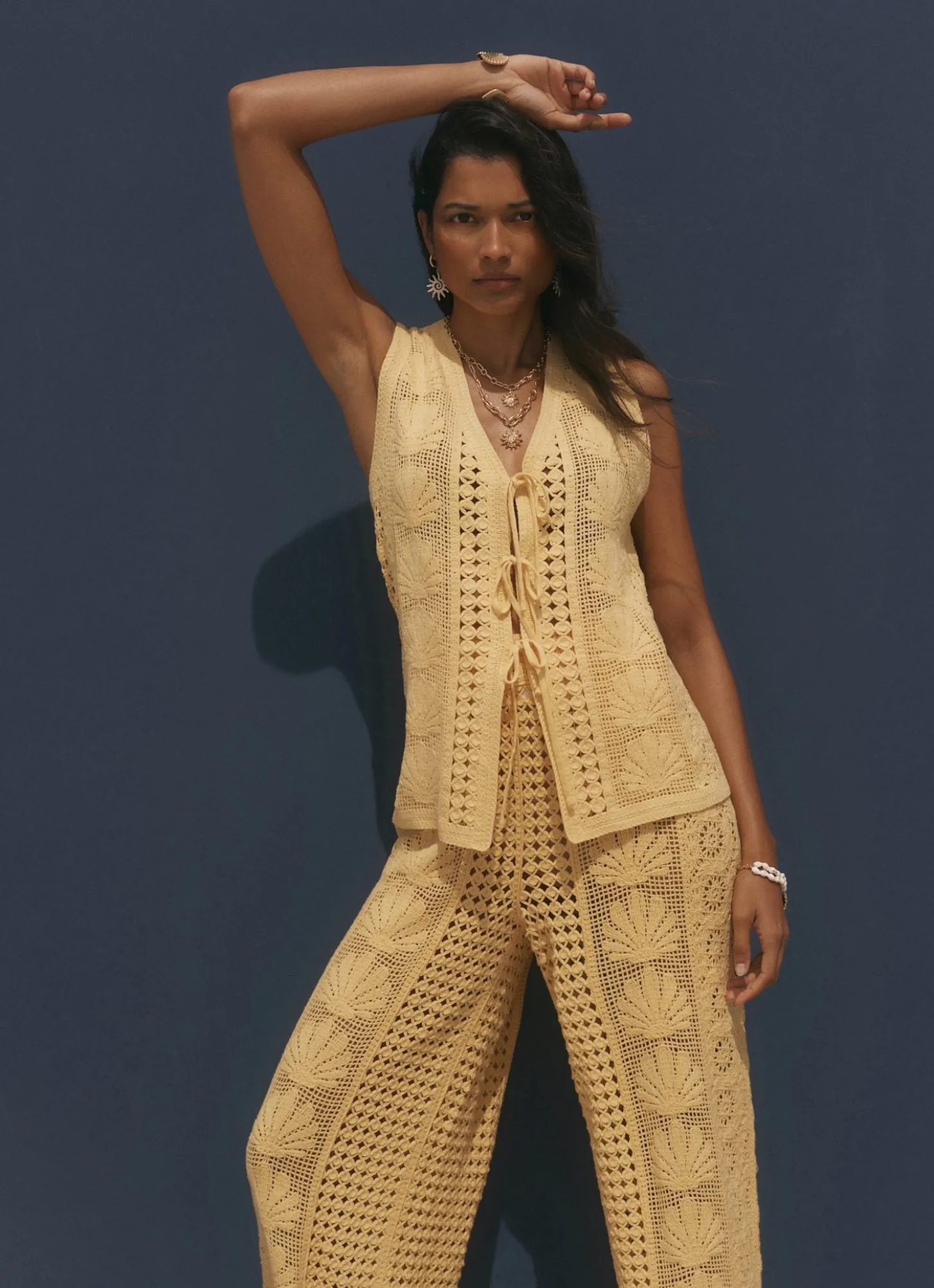 Yellow Crochet Shell Tie Front Top