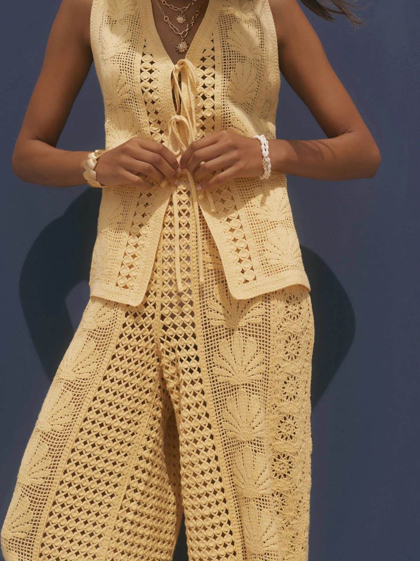 Yellow Crochet Shell Tie Front Top